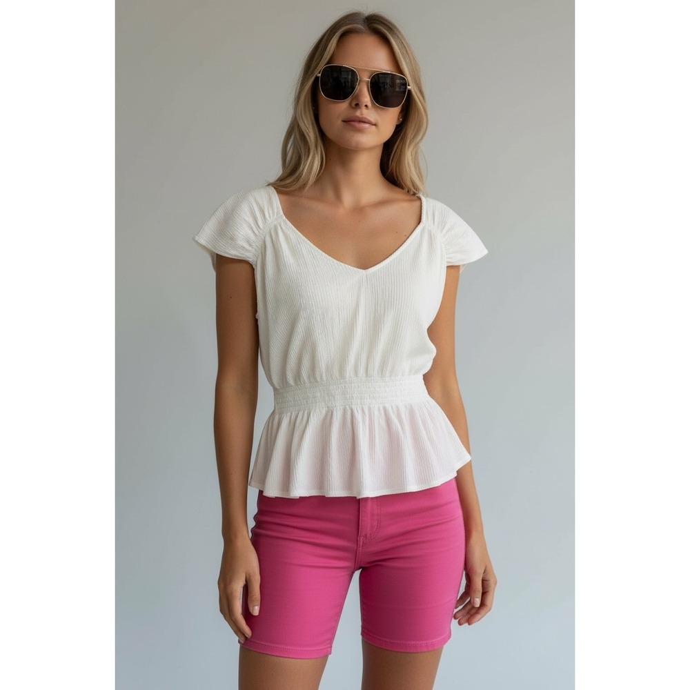 Old Navy Large White Textured Peplum V Neck Cap Sleeve Top Women's